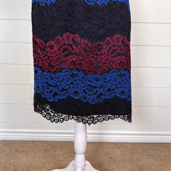 Karl Lagerfeld Blue, Black & Maroon Lace Midi Pencil Skirt Size 8 - Picture 4 of 9